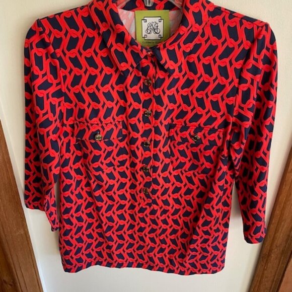 ELIZABETH MCKAY Chain Link Red Blue Pull Over Button Elbow Sleeve Top M - Picture 7 of 17
